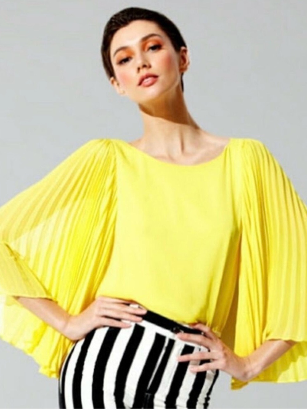 Alice + Olivia Bright Yellow Pleated Flutter Sleeve Blouse